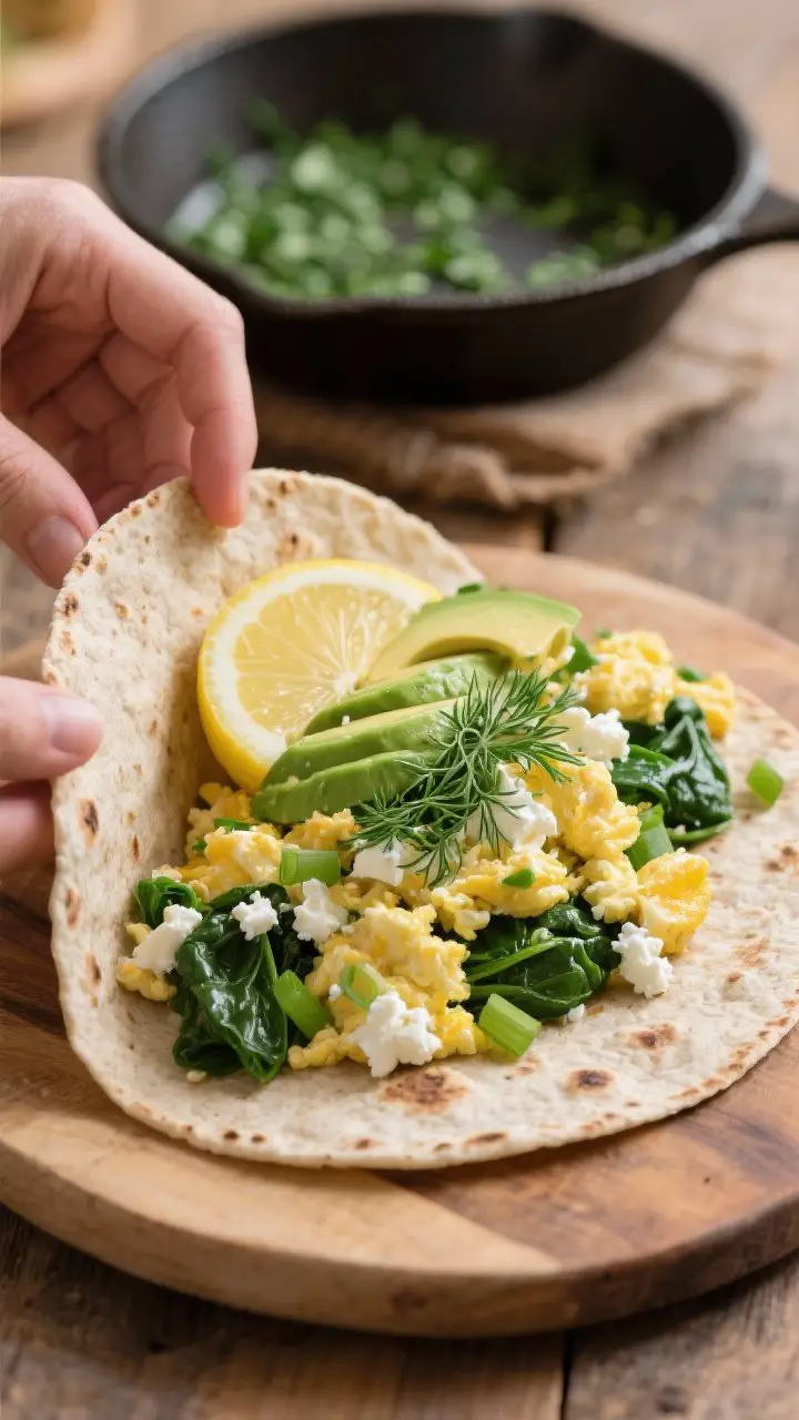 Straight-on shot of a Green Goddess Cottage Cheese Scramble Wrap being assembled (no hands visible): a warmed whole-wheat tortilla on a wooden board, piled with soft, just-set eggs folded with cottage cheese, wilted spinach, fresh dill, green onion, and a whisper of garlic; avocado slices layered on top, lemon wedge nearby for finishing; the skillet with herby scramble slightly out of focus in the background; fresh, cafe-style aesthetic with bright greens and creamy textures emphasized.