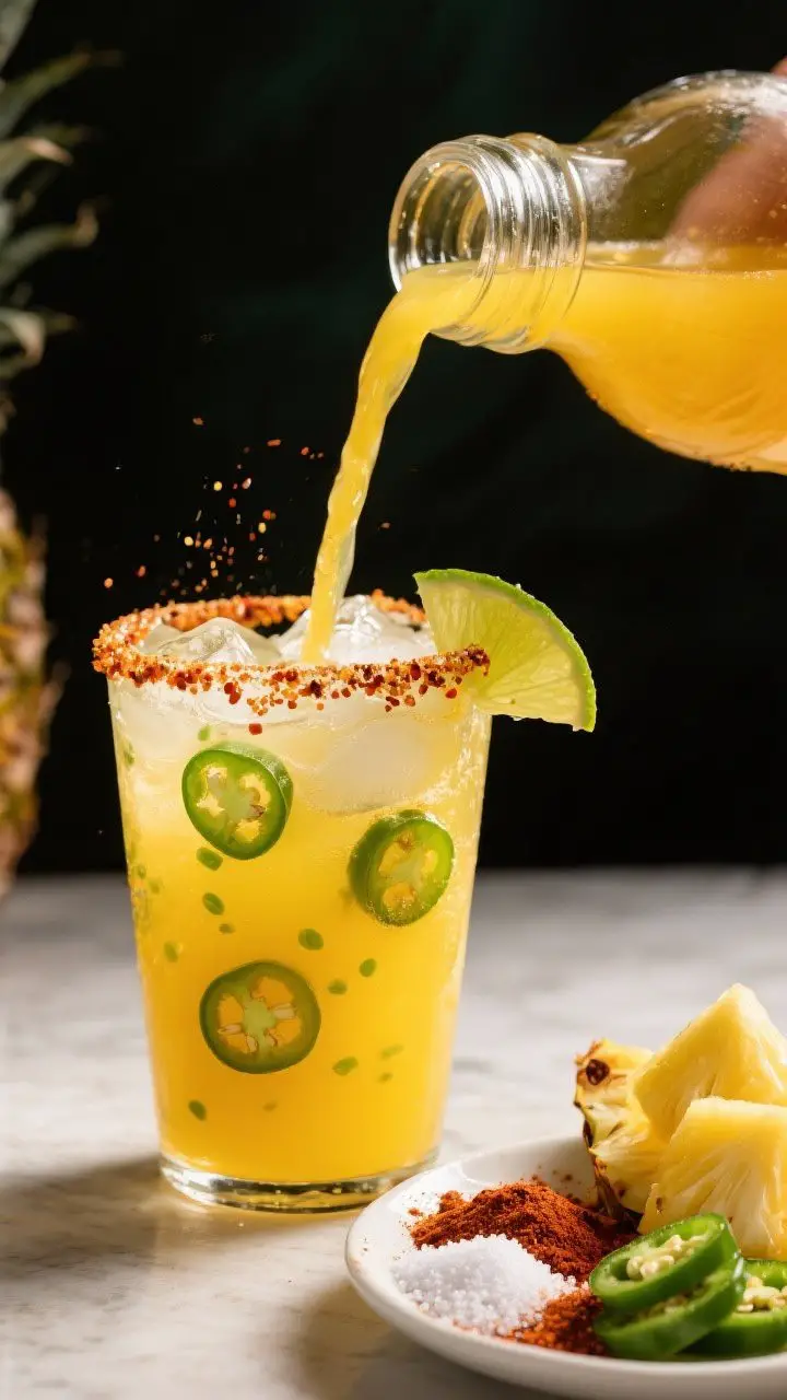 Straight-on shot of a spicy pineapple jalapeño refresher being poured into an ice-filled tumbler with a dramatic chili-salt-sugar rim; vivid sunny yellow liquid with tiny green jalapeño seeds visible, a lime wedge perched on the rim; to the side, a plate showing the chili powder, coarse salt, and sugar mix, plus sliced jalapeño and pineapple chunks; bold contrast, saturated colors, energetic taco-night mood, crisp clarity.