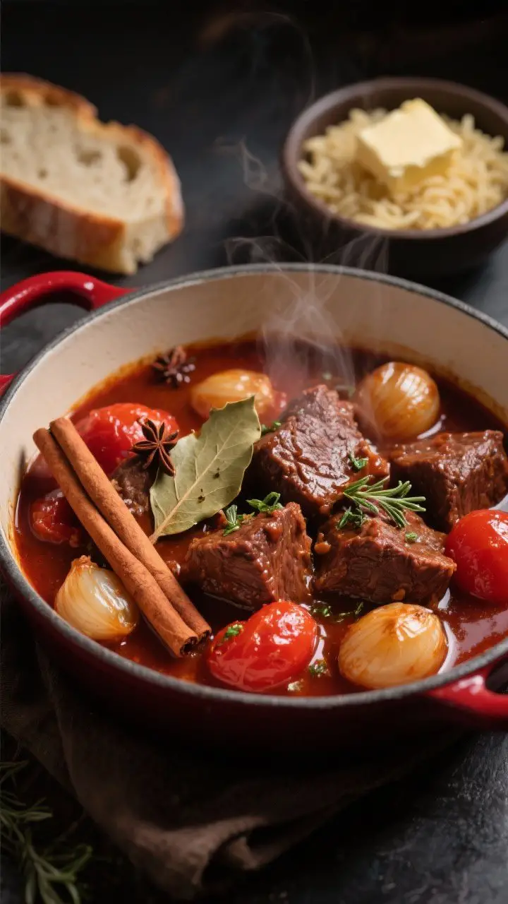 Straight-on stew portrait: Beef stifado in a wide, shallow braiser—fork-tender beef chunks bathed in a deep red wine and red wine vinegar sauce with crushed tomatoes, studded with glossy pearl onions. Whole spices visible: two cinnamon sticks, a couple of cloves, bay leaves; oregano flecks on the surface. The sauce reduced and clinging to the meat, subtle steam rising. Served alongside a small bowl of buttery orzo and a slice of crusty bread in the background. Rich, moody lighting to highlight sweet-savory glaze and aromatic depth.
