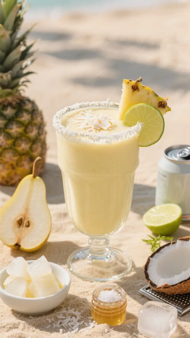Tropical Pear Piña Colada Smoothie — straight-on hero shot: Frosty, sunlit pear-pineapple piña colada smoothie in a tall hurricane glass, creamy pale yellow with a lush texture. Rim lightly flecked with shredded coconut dusted on top. Garnish with a pineapple wedge, a thin wheel of lime, and a delicate sprinkle of coconut flakes. Surround with key ingredients: a ripe pear (cored and chopped), a small bowl of frozen pineapple chunks frosty with ice crystals, a can of light coconut milk, shredded coconut, a lime (zest visible on a microplane), honey in a mini jar, and sea salt. Add a few melting ice cubes on a sand-colored linen to evoke beach vibes. Bright, tropical lighting with a soft shadow to feel like sunshine.
