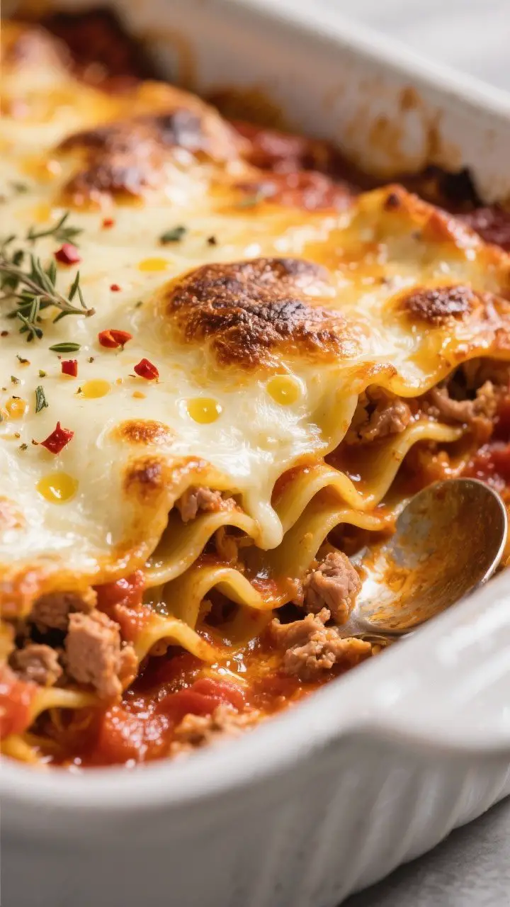 Close-up detail: A bubbling layer of Italian turkey lasagna just after uncovering in the oven, showi