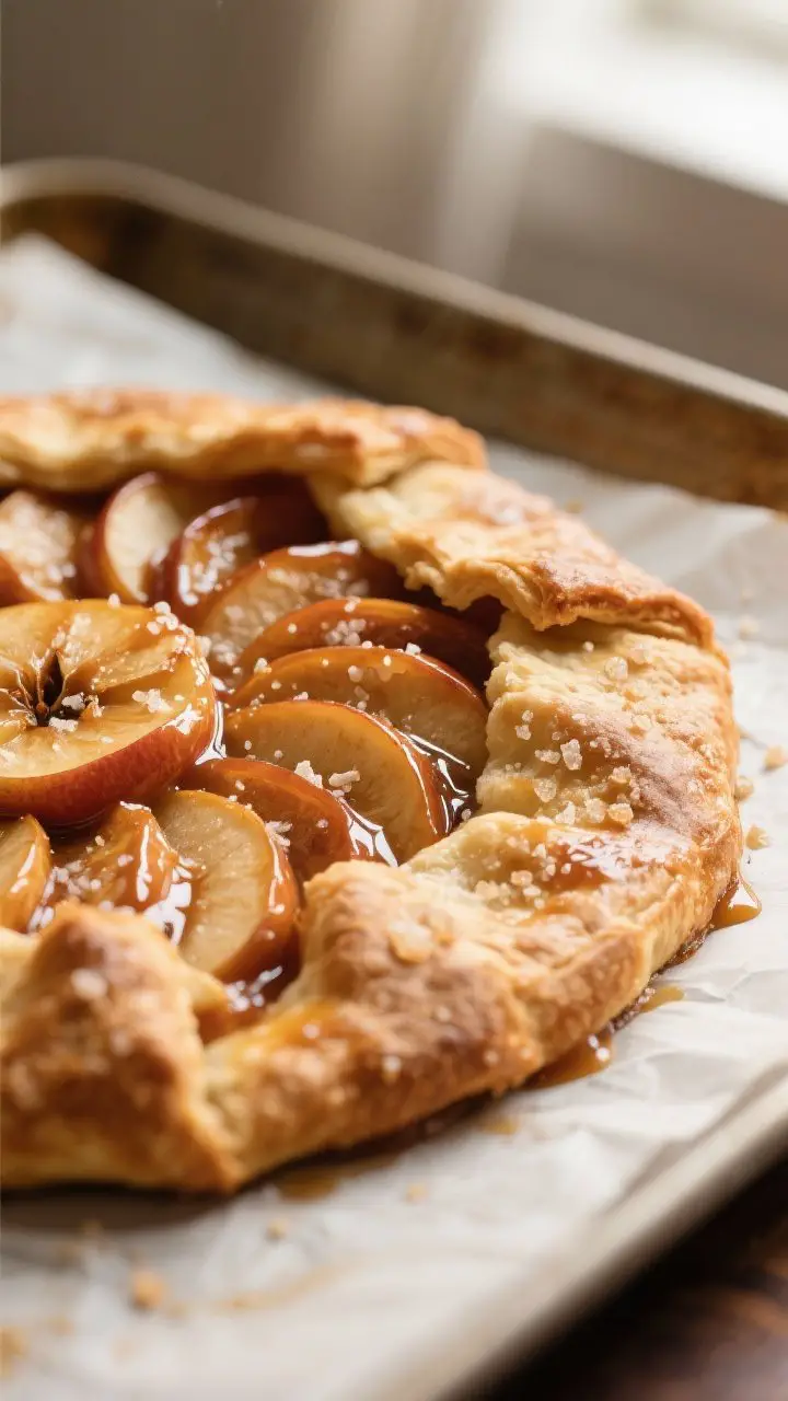 Close-up detail: A freshly baked bourbon caramel apple galette just out of the oven, crust folded in