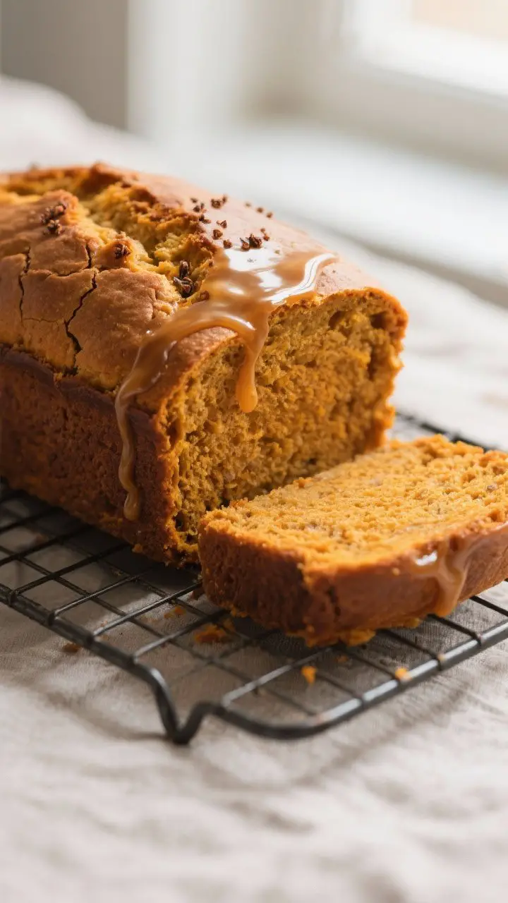 Close-up detail: A freshly baked spiced pumpkin bread loaf just out of the pan and cooling on a wire