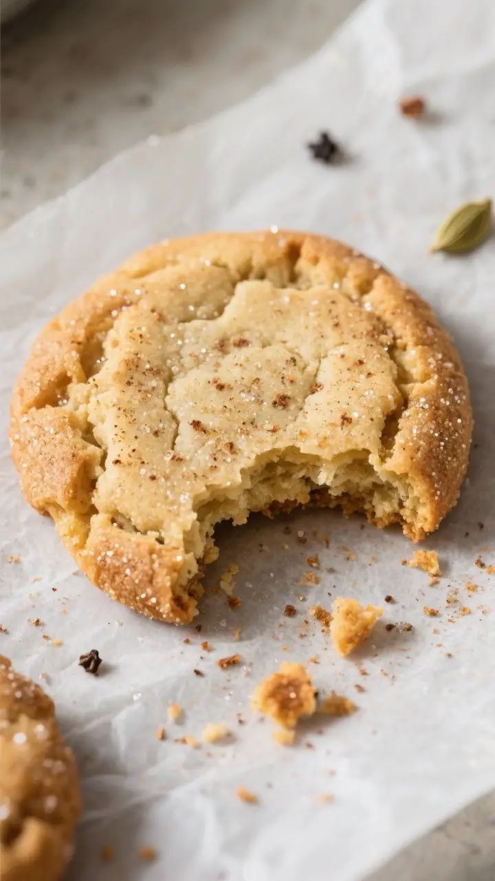 Close-up detail: A just-baked chai-spiced snickerdoodle cooling on parchment, center slightly puffed