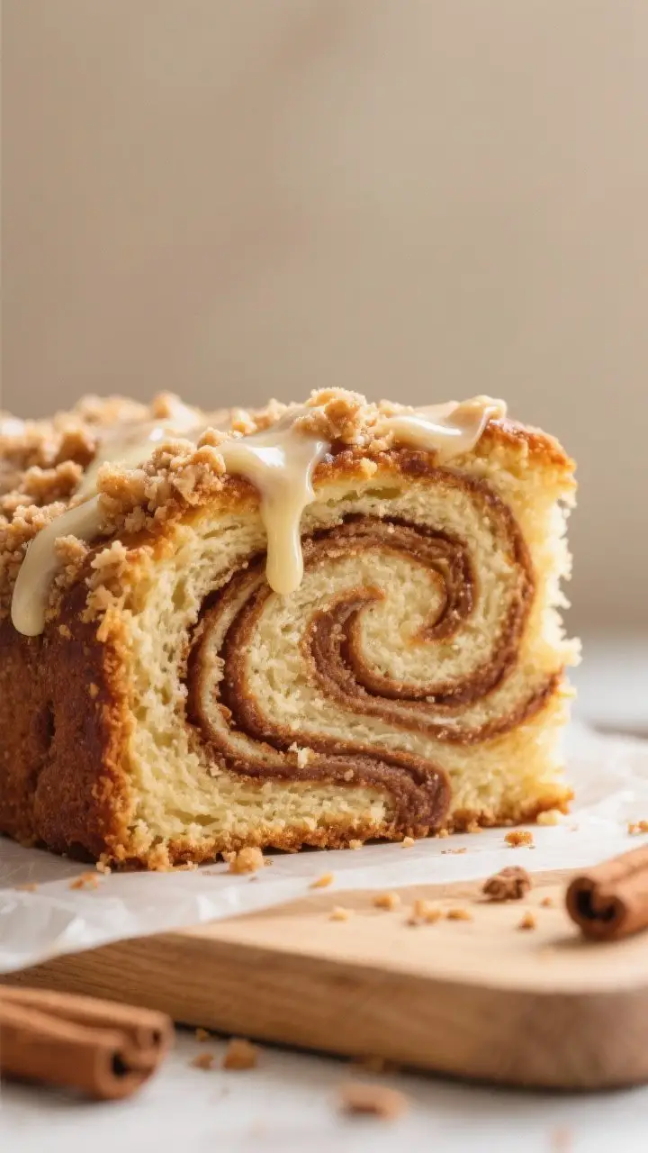 Close-up detail: A just-baked Cinnamon Swirl Coffee Cake slice on a parchment-lined board, showing d