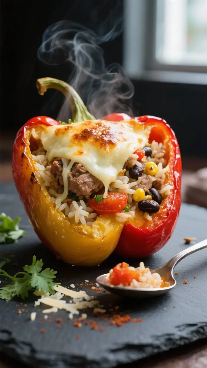 Close-up detail: A just-baked stuffed bell pepper cut open to reveal the juicy turkey-tomato-rice fi