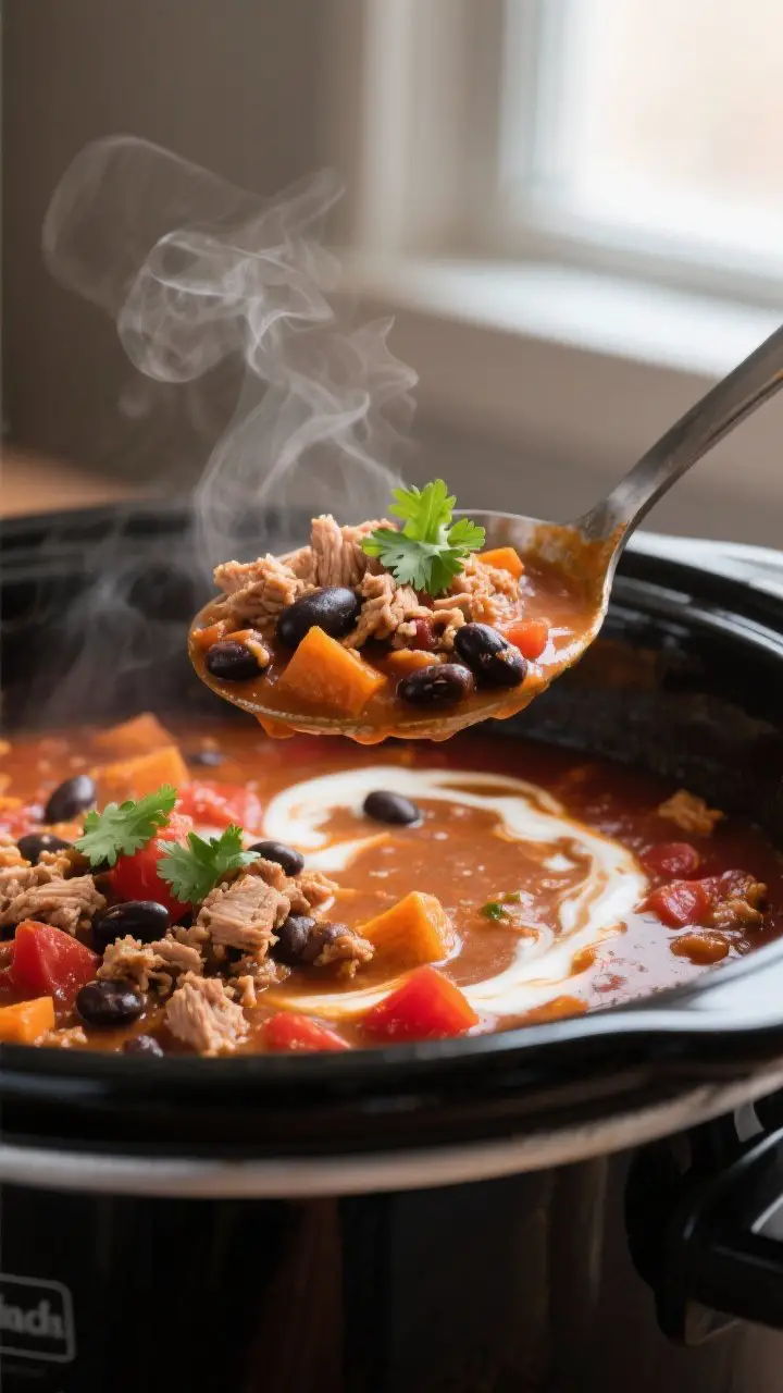 Close-up detail: A ladle lifting creamy turkey and pumpkin chili straight from a slow cooker, steam