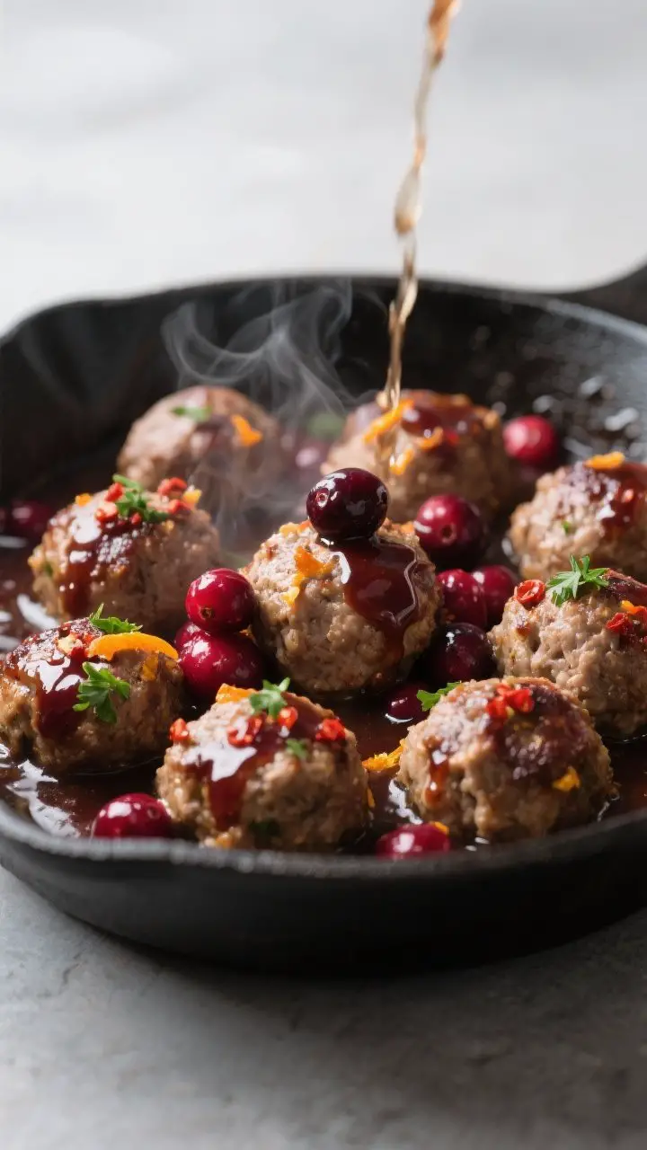 Close-up detail: A skillet of fully cooked turkey meatballs being tossed in a simmering cranberry gl
