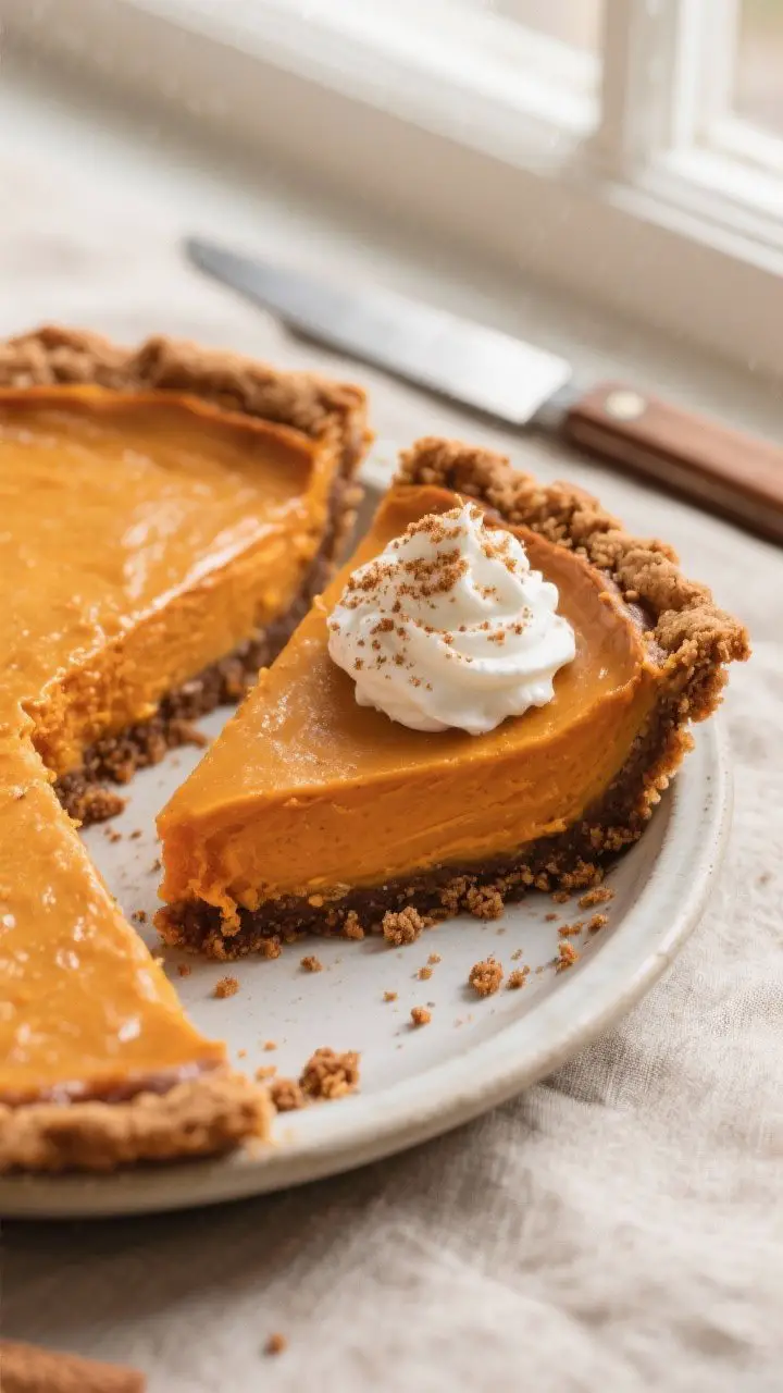 Close-up detail: A slice of sweet potato pie with gingersnap crust just cut and lifted slightly from