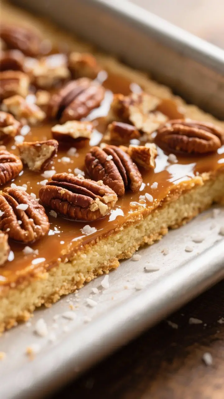 Close-up detail: A tight macro shot of the glossy maple-pecan topping just set on the par-baked shor