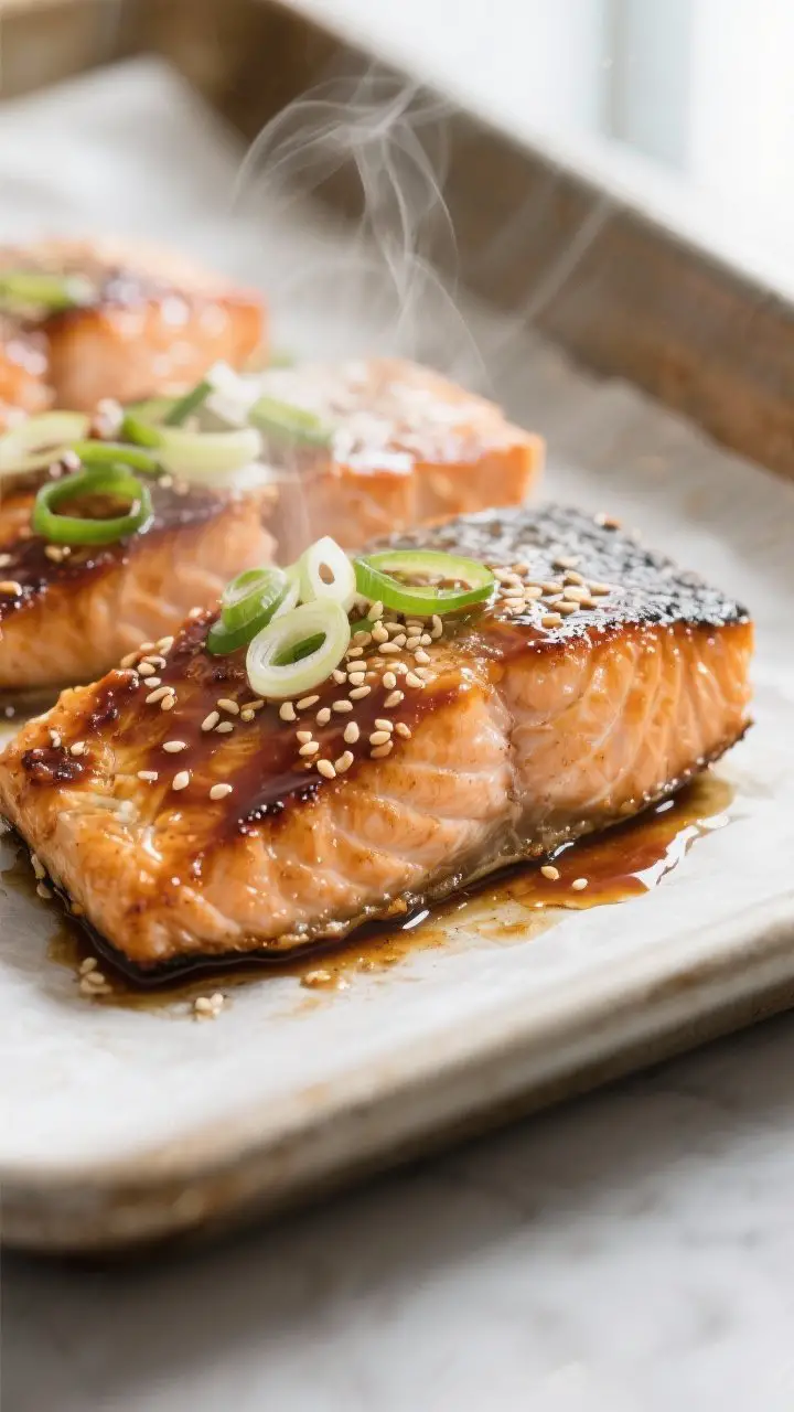 Close-up detail: Broiled miso-glazed salmon just out of the oven with lacquered, caramelized edges a