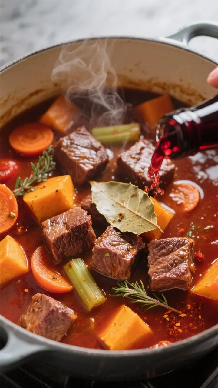 Close-up detail: Cubes of seared beef simmering in a glossy, collagen-rich gravy with butternut squa