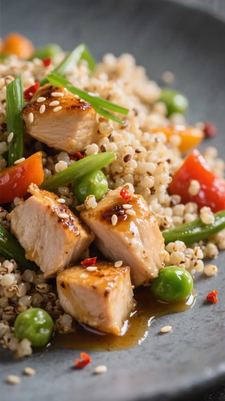 Close-up detail — Folded-in quinoa moment: macro shot of fluffy, cooked quinoa kernels intertwined