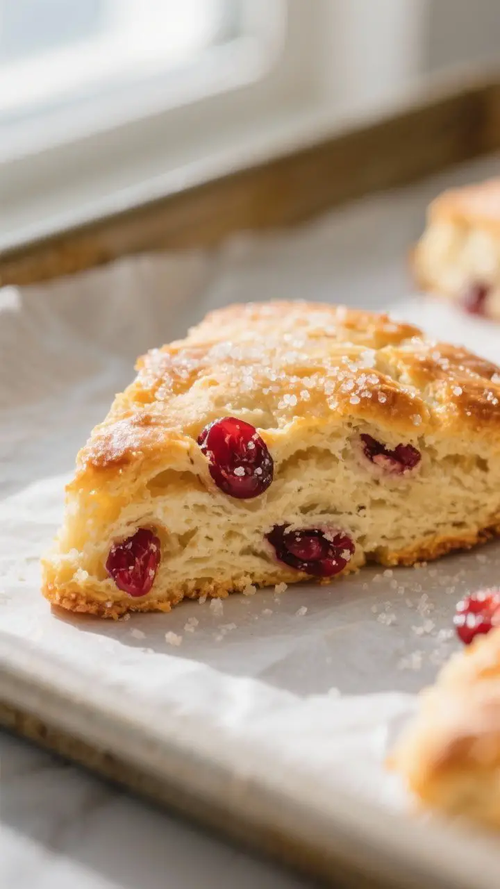 Close-up detail: Freshly baked cranberry orange scone wedge just out of the oven, golden-crisp top w