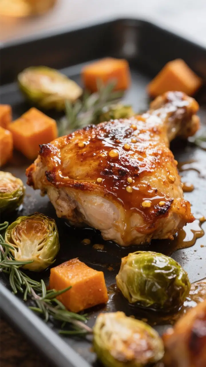 Close-up detail: Glazed, roasted chicken thigh fresh from the oven, skin blistered and deeply golden