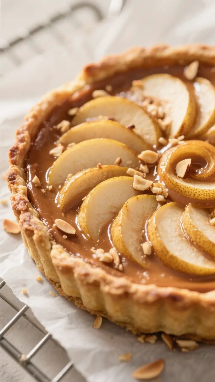 Close-up detail: Golden-brown pear tart fresh from the oven showing a tight spiral of tender, jammy