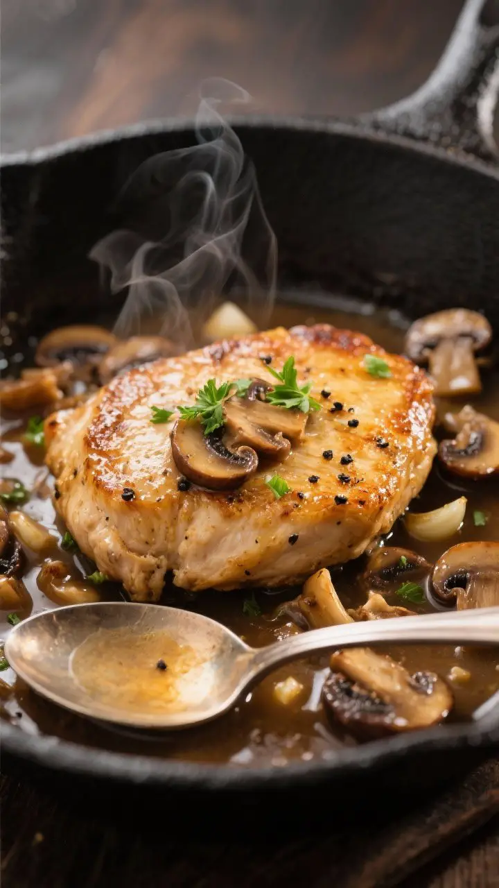 Close-up detail: Golden-seared chicken Marsala cutlets just after simmering in sauce, glistening wit