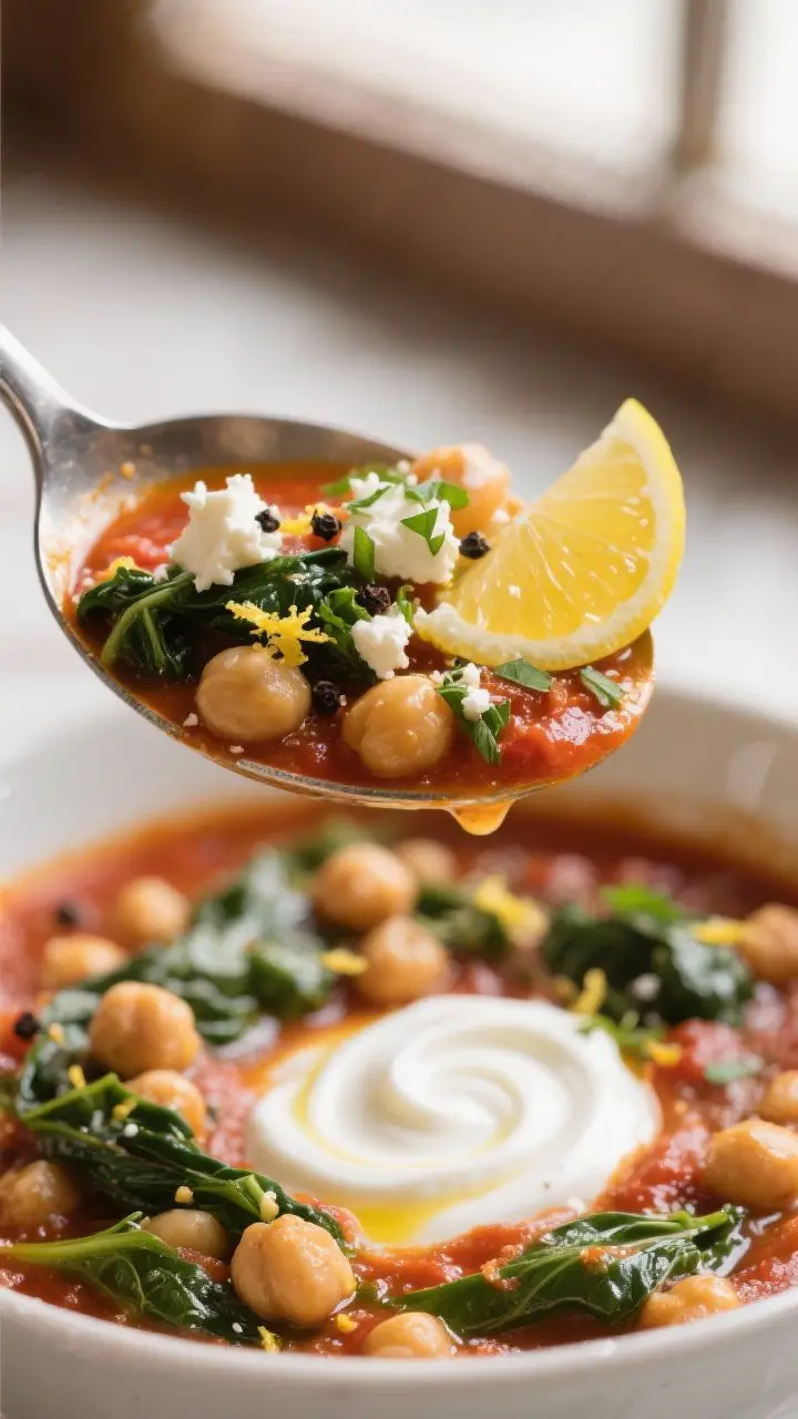 Close-up detail – lemon-bright finish: Extreme close-up of a ladle lifting the finished Mediterran