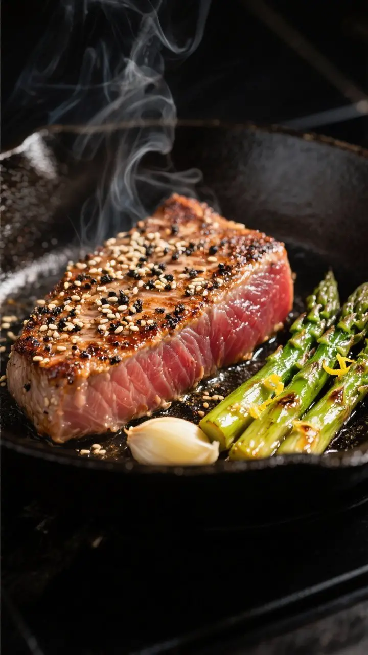 Close-up detail: Searing ahi tuna steaks in a ripping-hot cast-iron skillet, dramatic peppery crust