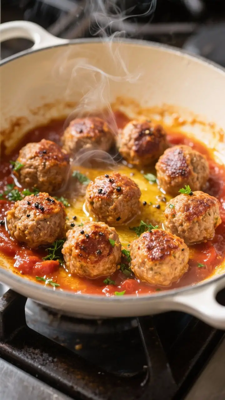 Close-up detail: Searing Italian meatballs in a wide, enamel Dutch oven, golden-brown crusts sizzlin