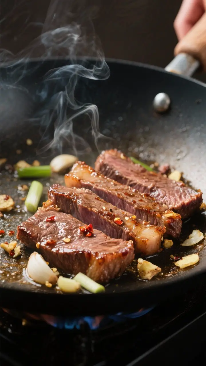 Close-up detail: Searing slices of flank steak in a wok over high heat, edges deeply caramelized and