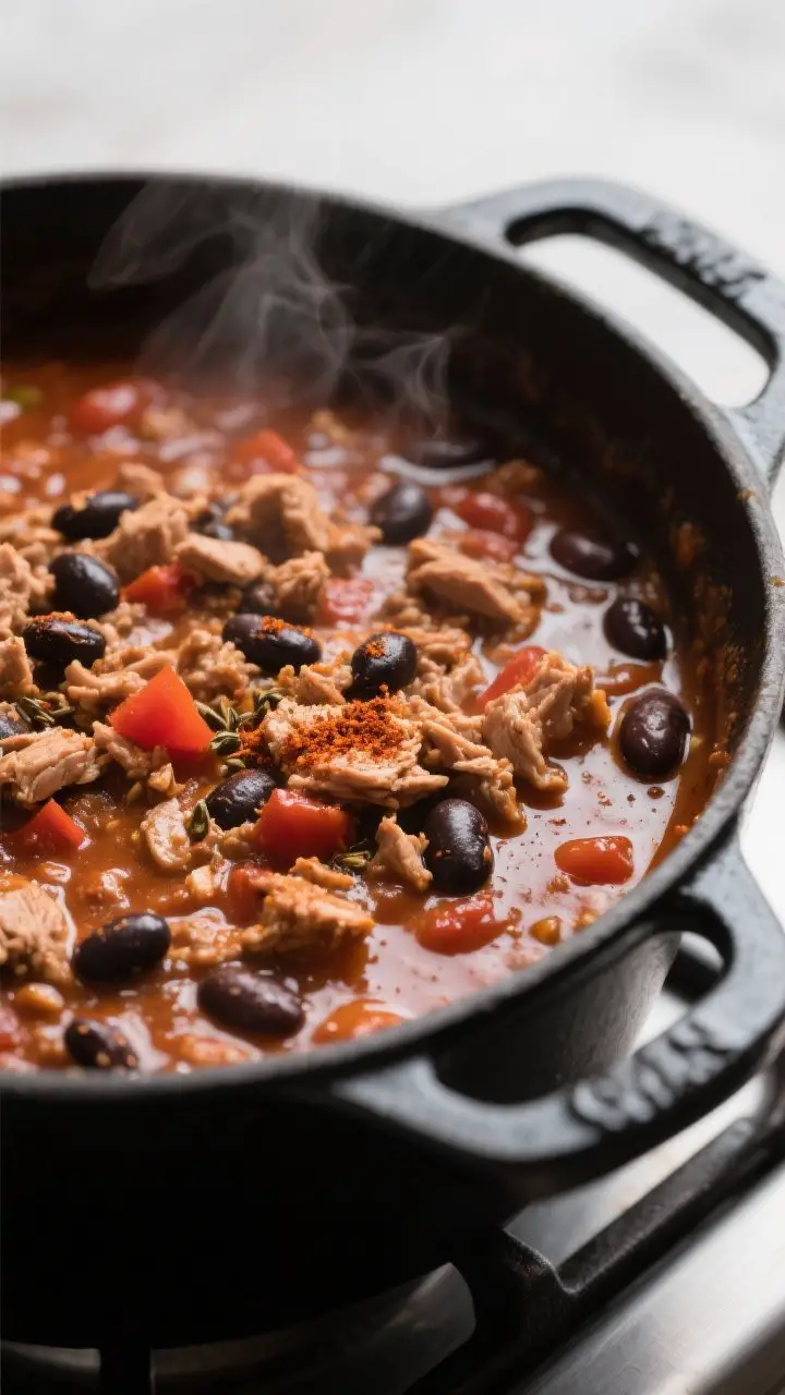 Close-up detail shot: A bubbling Dutch oven of turkey and bean chili mid-simmer, showing glossy, thi