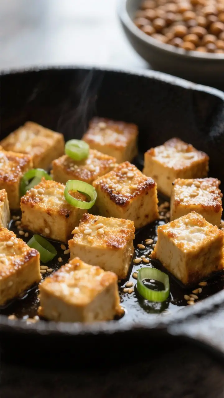 Close-up detail shot: Golden, crispy tofu cubes just out of the skillet, deeply seared edges with co