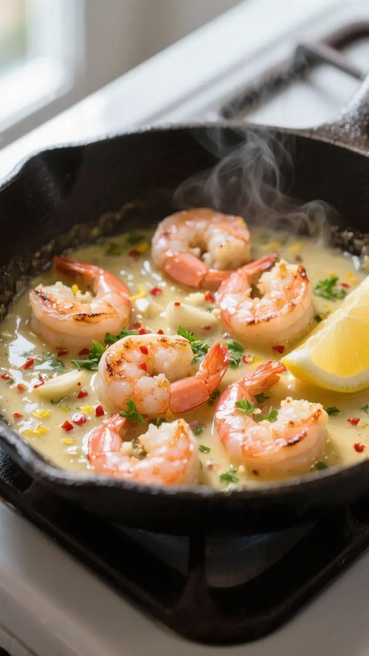 Close-up detail: Skillet garlic butter shrimp just finished cooking, shrimp curled and glossy pink w