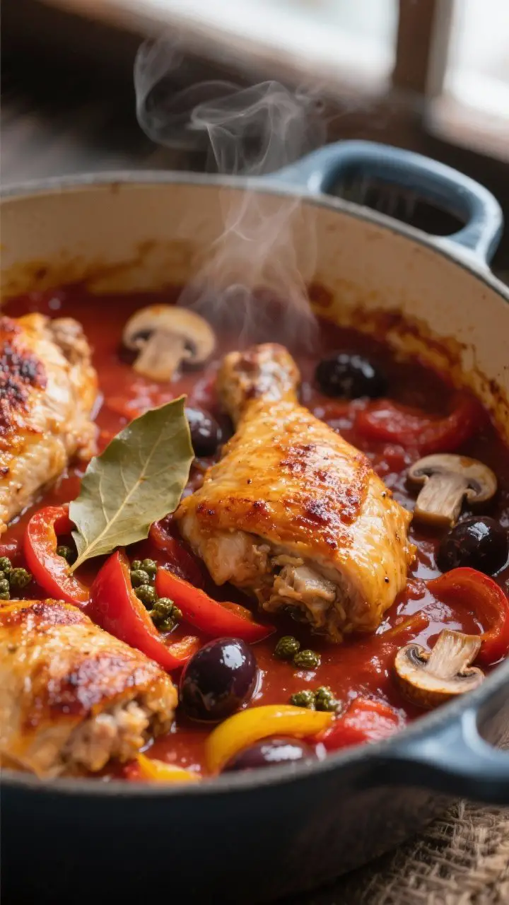 Close-up detail: Skin-on chicken thighs in a Dutch oven mid-simmer for chicken cacciatore, golden-br
