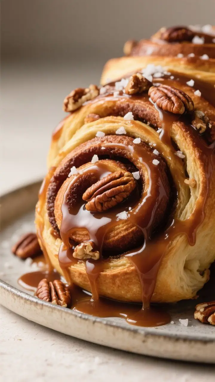 Close-up detail: The dramatic flip moment of caramel pecan sticky buns just inverted onto a rimmed s