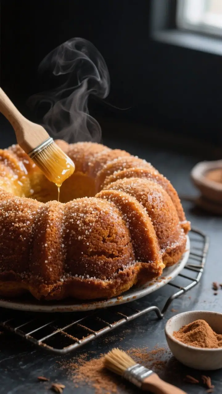 Close-up detail: Warm Apple Cider Donut Bundt Cake just turned out onto a wire rack, the crust being