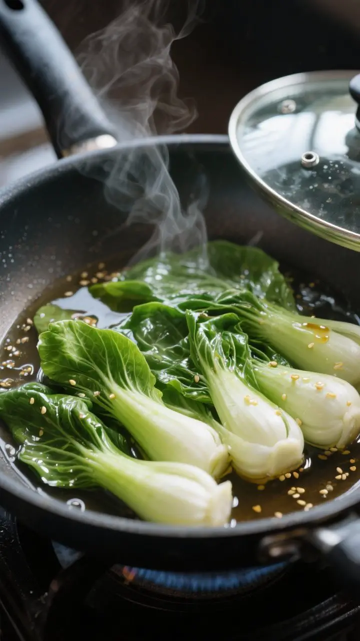 Cooking process: Baby bok choy steaming in a wide skillet with a glassy simmer of broth, cut sides d