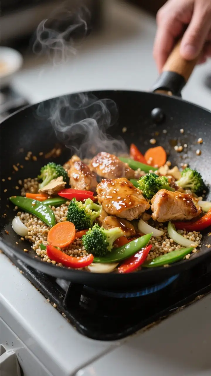 Cooking process — High-Protein Chicken and Quinoa Stir-Fry in action: sizzling wok scene with brow