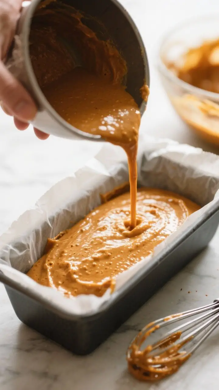 Cooking process moment: The batter being poured into a parchment-lined 9x5 loaf pan, captured mid-fl