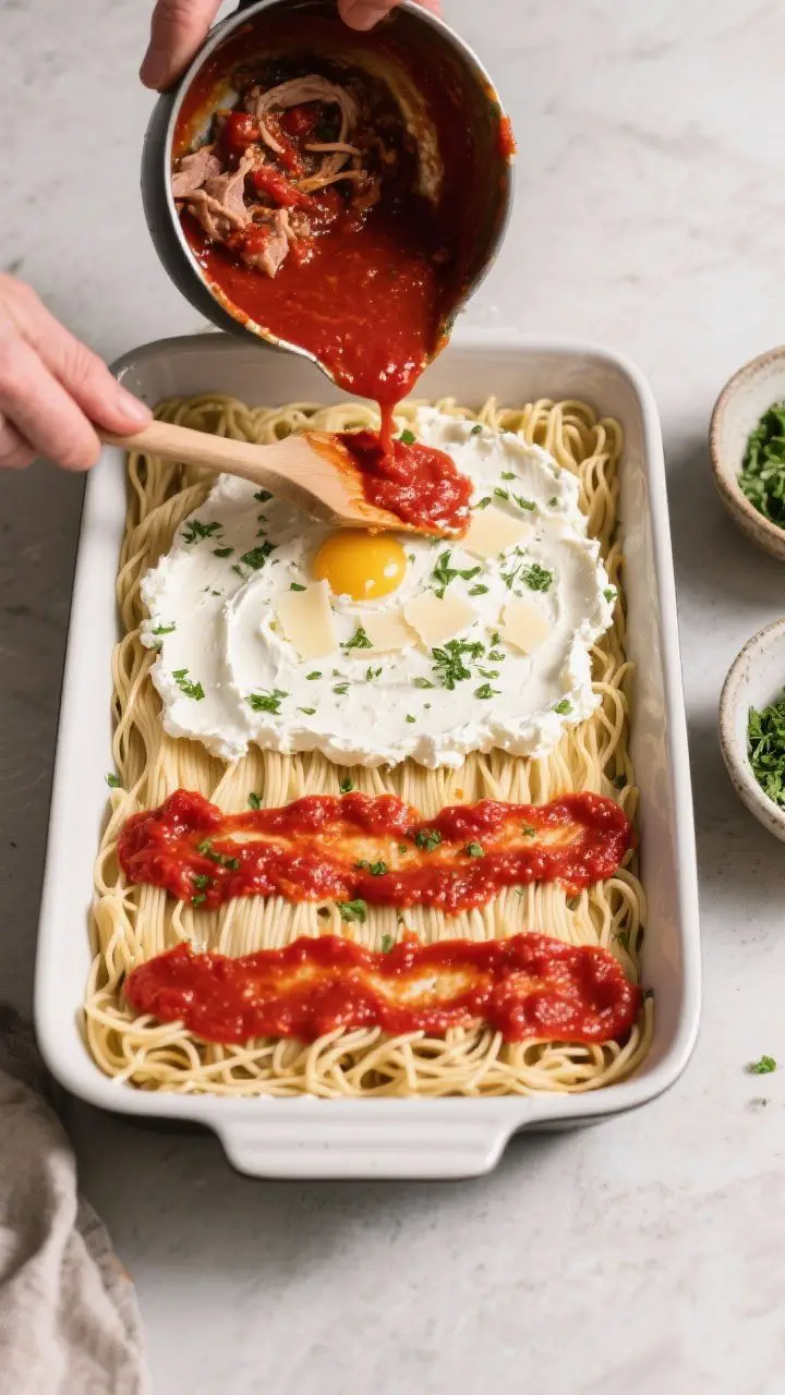 Cooking process: Overhead shot of assembly in a 9x13 baking dish—no-boil noodles laid over a thin 