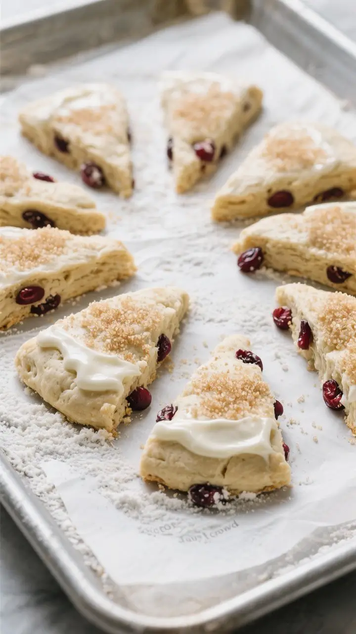 Cooking process: Overhead shot of chilled, cut scone wedges on a parchment-lined baking sheet just b
