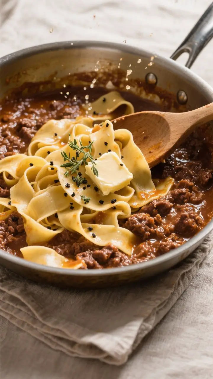 Cooking process: Overhead shot of fresh pappardelle being tossed directly in the thickened beef ragu