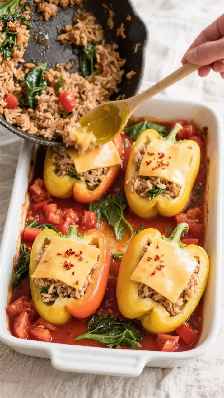 Cooking process: Overhead shot of par-baked bell peppers upright in a 9x13 baking dish, being genero