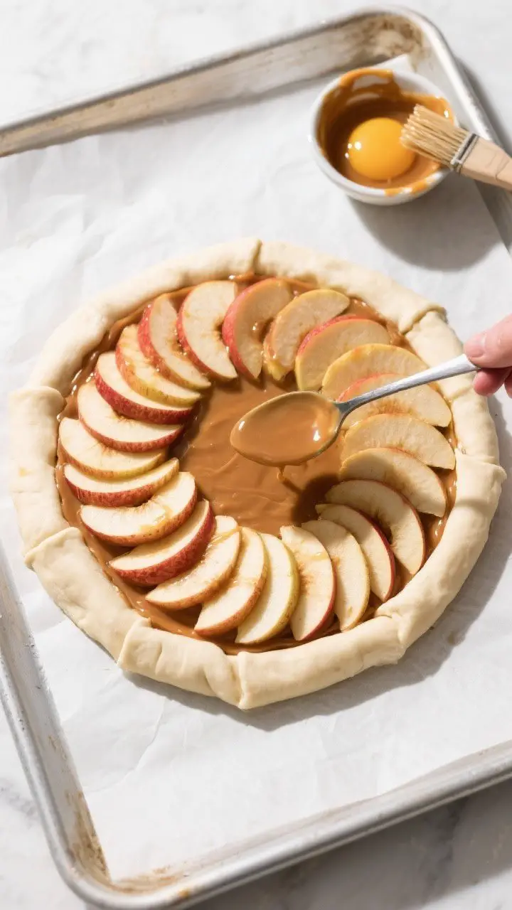 Cooking process: Overhead shot of the assembly stage on a parchment-lined sheet pan—rolled 12-inch