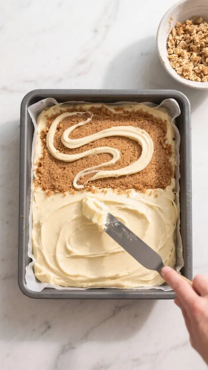 Cooking process: Overhead shot of the cake mid-assembly in an 8x8-inch parchment-lined pan—half th