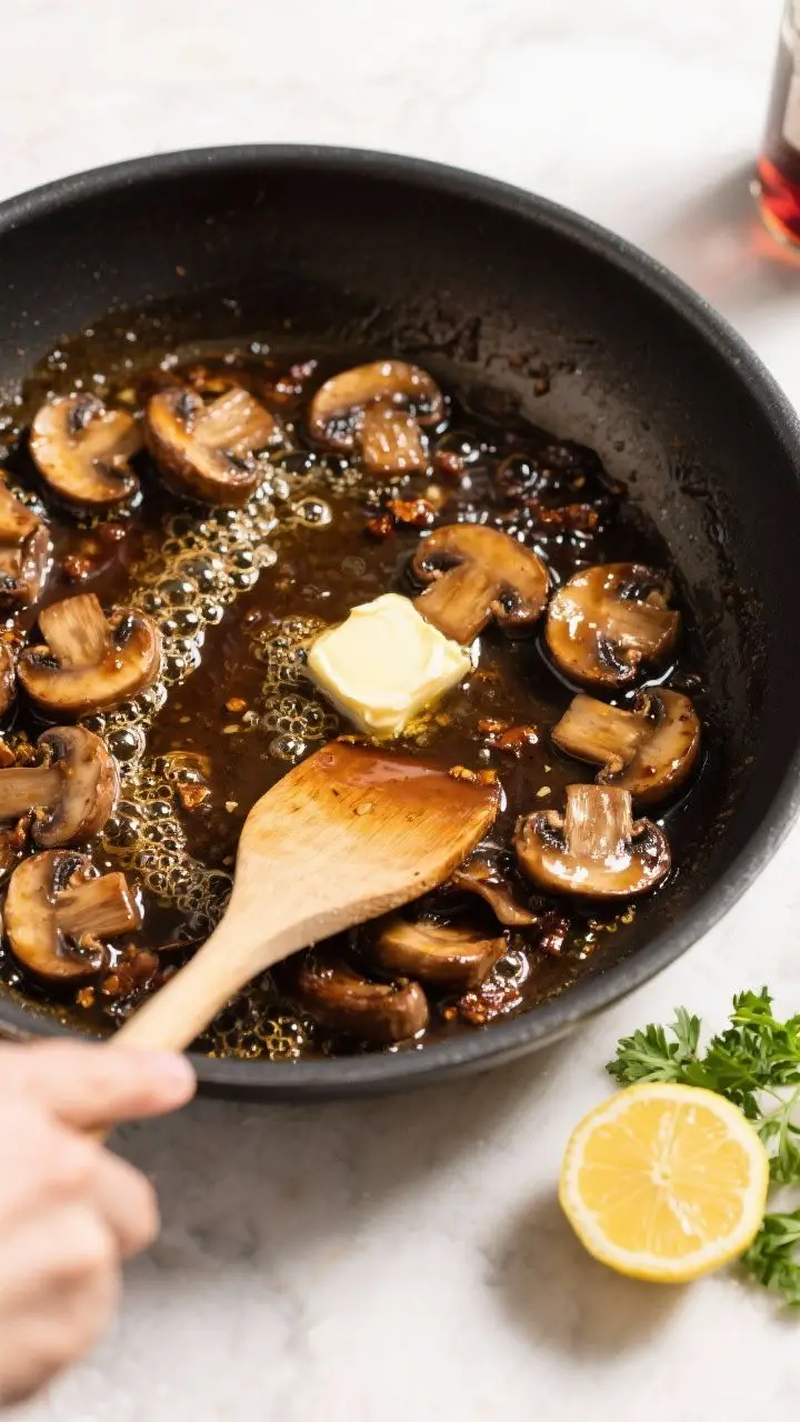 Cooking process: Overhead shot of the deglaze moment—Marsala wine bubbling vigorously in a single