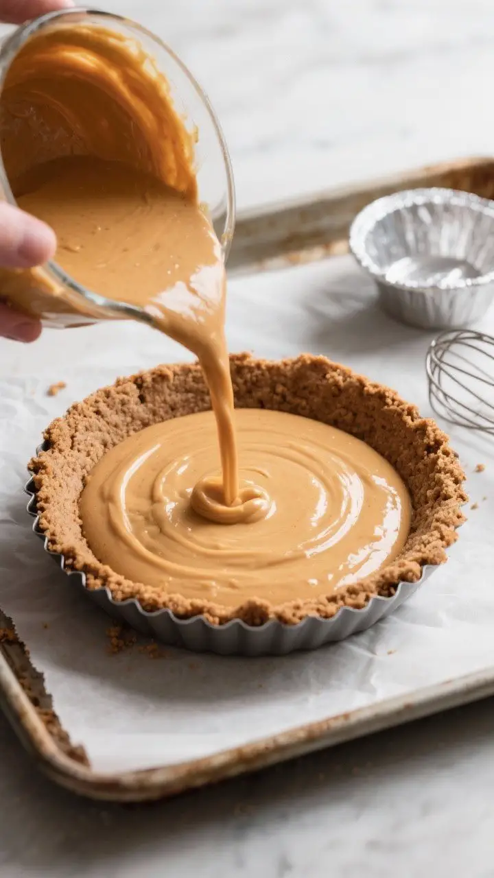 Cooking process: Overhead shot of the pre-baked gingersnap crumb crust being filled with the silky b