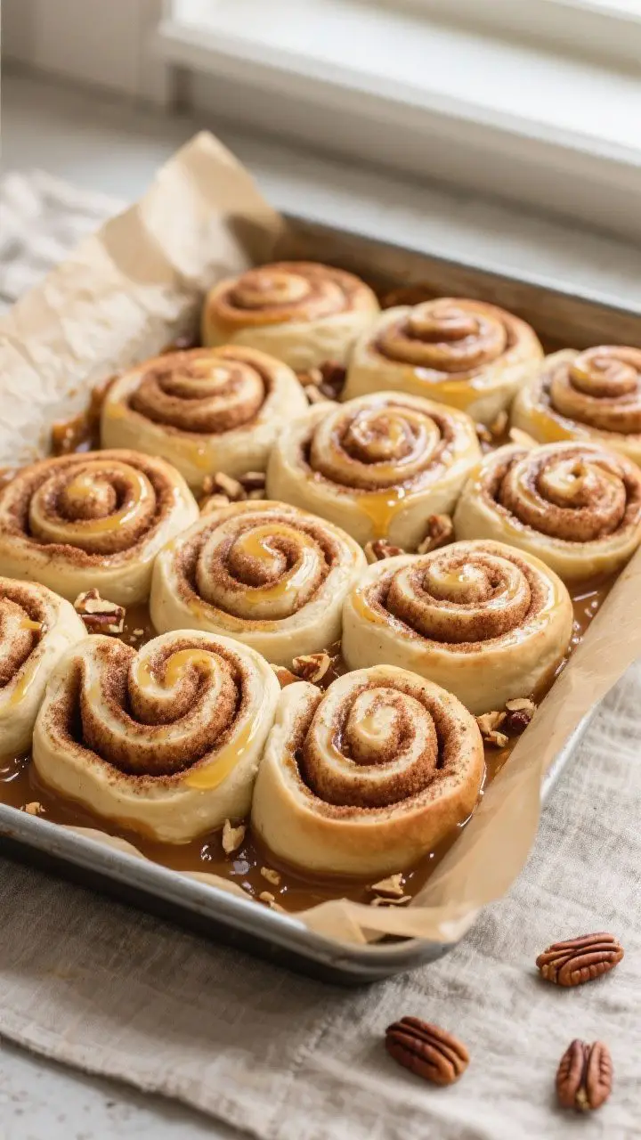 Cooking process: Overhead shot of the sliced cinnamon-roll spirals nestled in a 9x13-inch pan over t