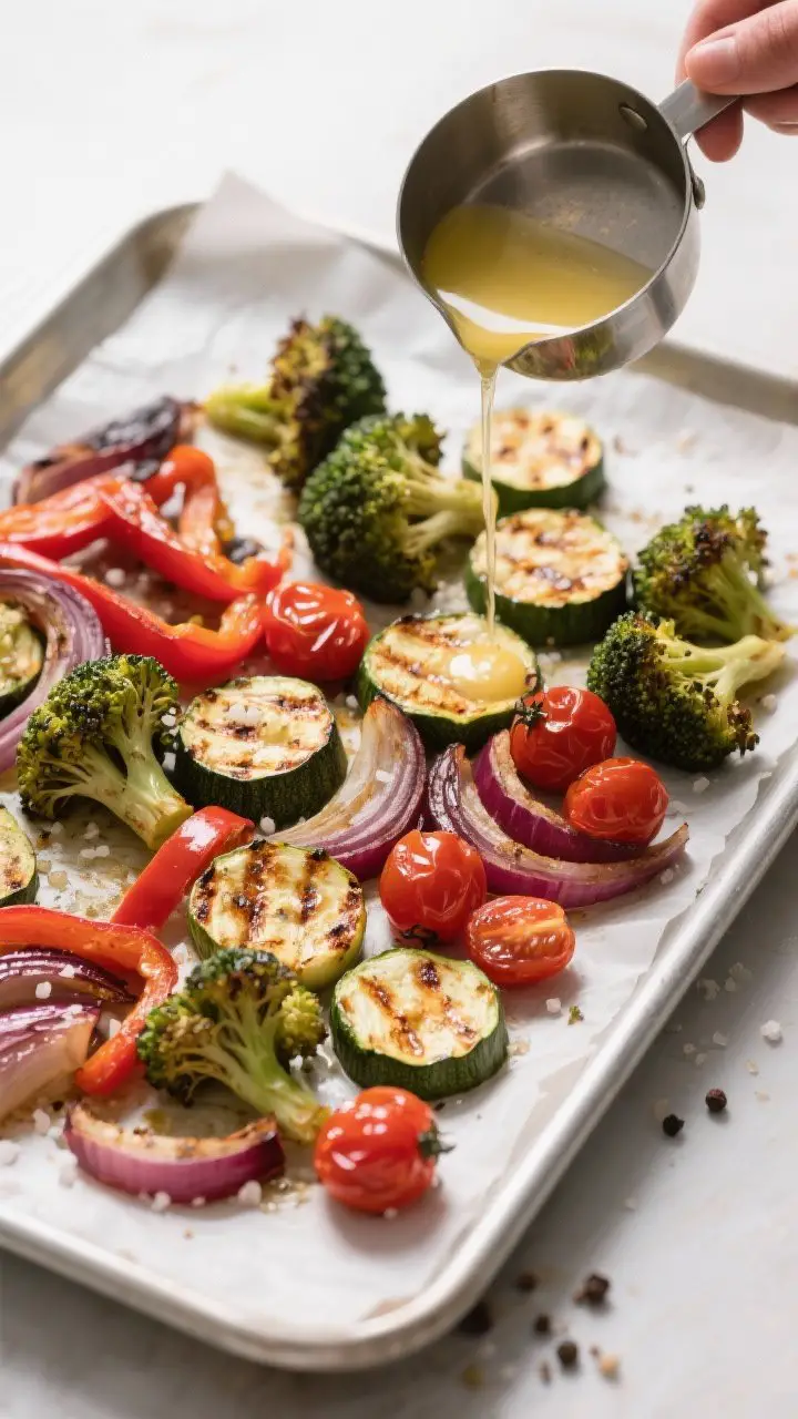 Cooking process: Roasted veggies on a parchment-lined sheet pan at the finish—broccoli florets and