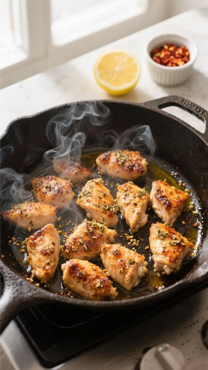 Cooking process shot: Skillet scene of browned chicken bites searing in a cast-iron pan, excess mari