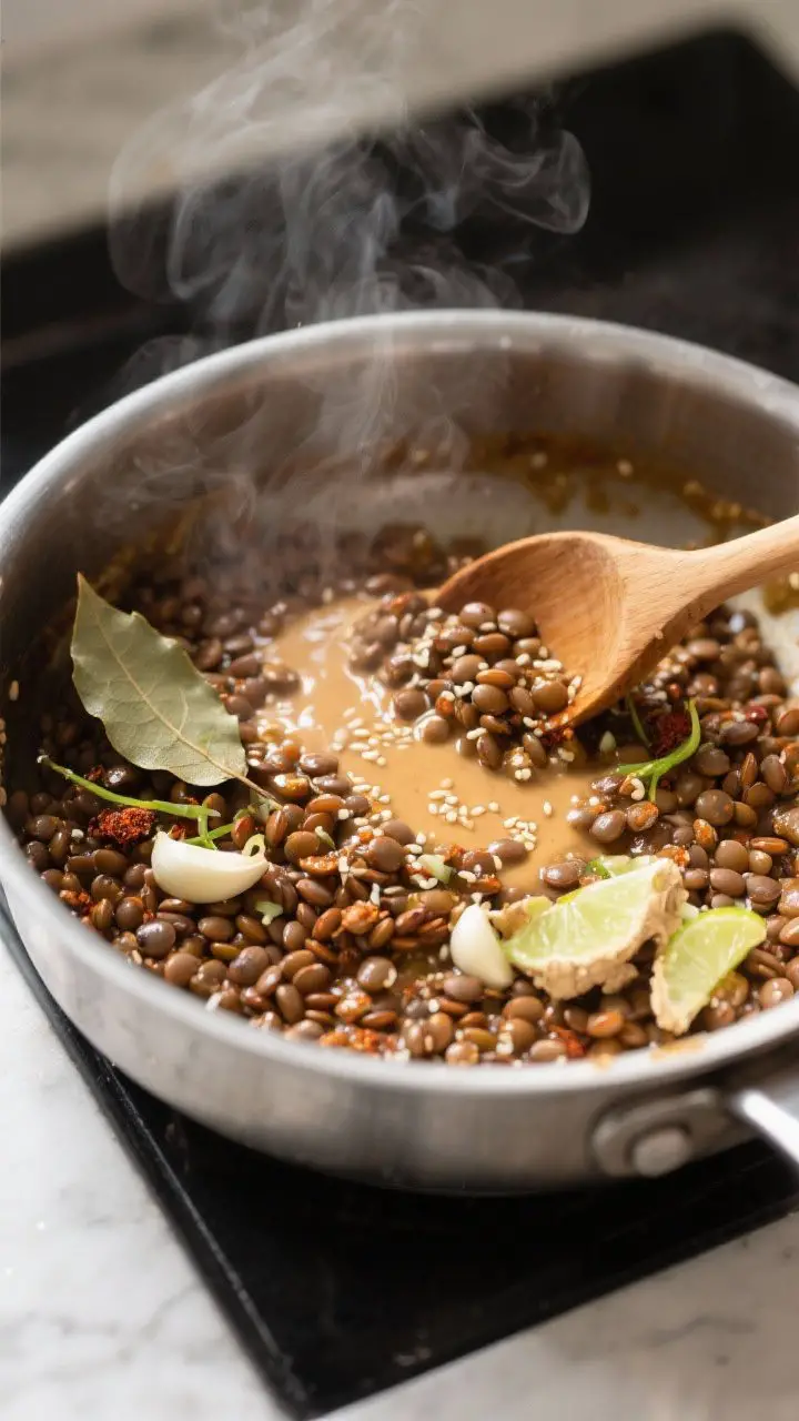 Cooking process shot: Warm cumin- and smoked paprika–spiced brown lentils being tossed with half t