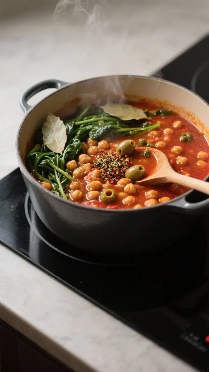 Cooking process – spice bloom and simmer: Wide, shallow Dutch oven on stovetop with the stew at a