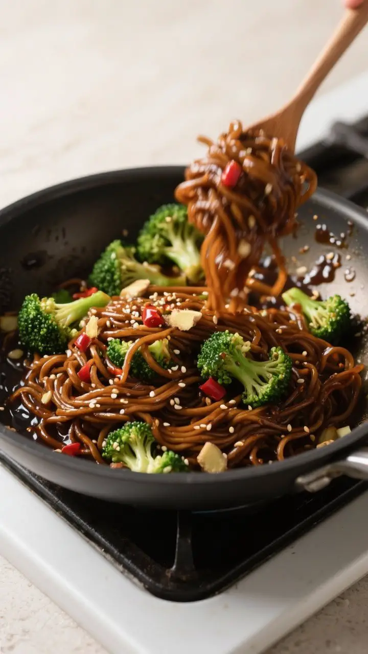 Cooking process: Tossing chewy noodles and crisp-tender broccoli florets with the thickened soy–da