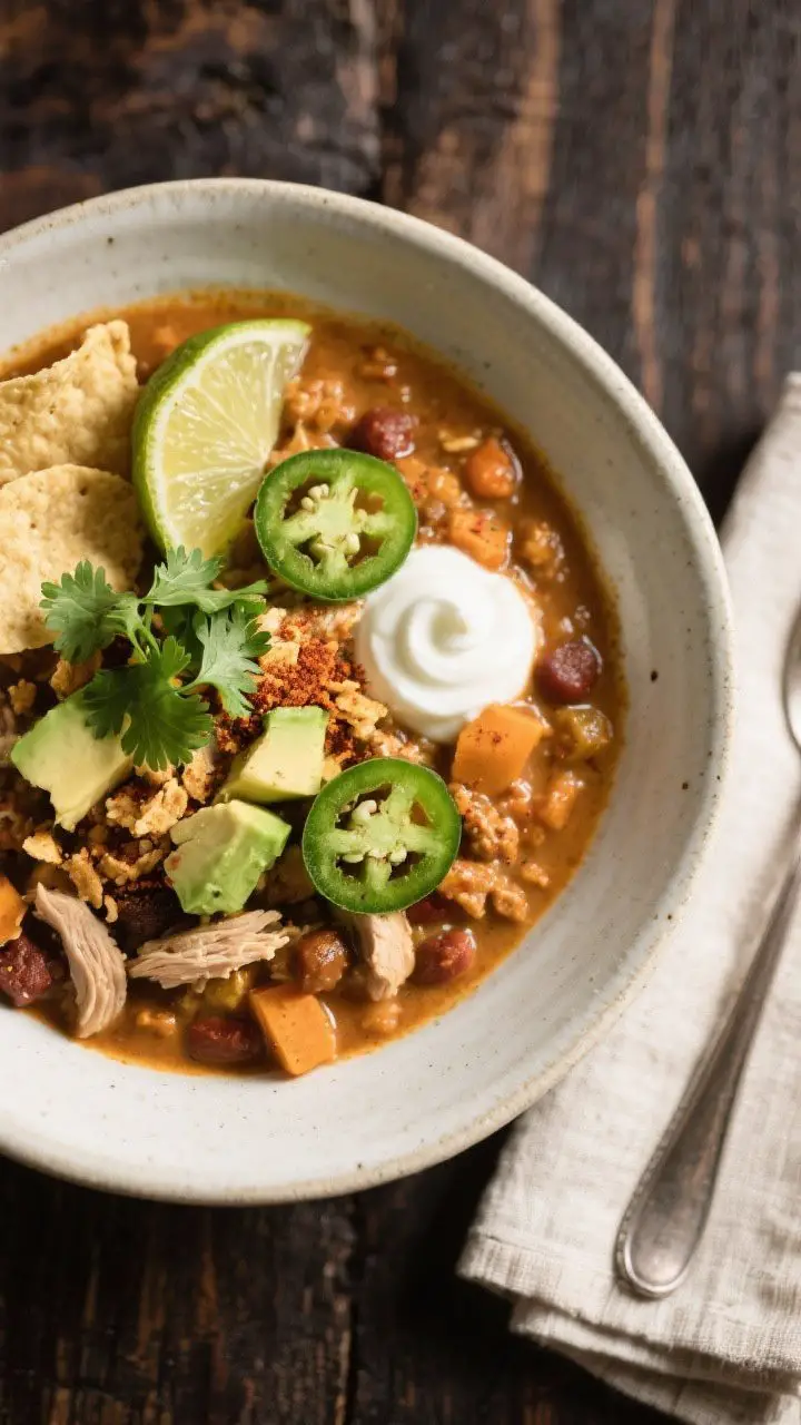 Final dish presentation: A generous bowl of Slow Cooker Creamy Turkey and Pumpkin Chili plated in a