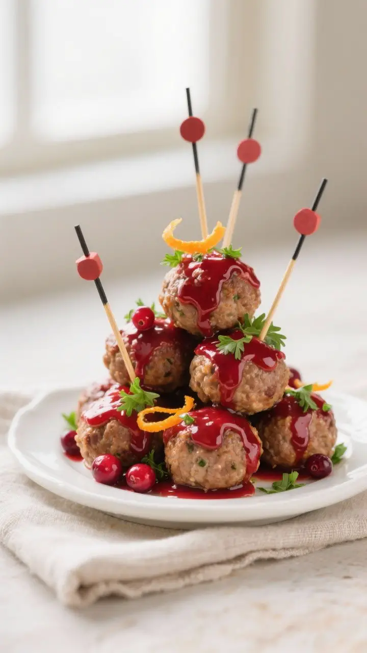 Final dish presentation: Beautifully plated Cranberry Glazed Turkey Meatballs stacked on a small whi